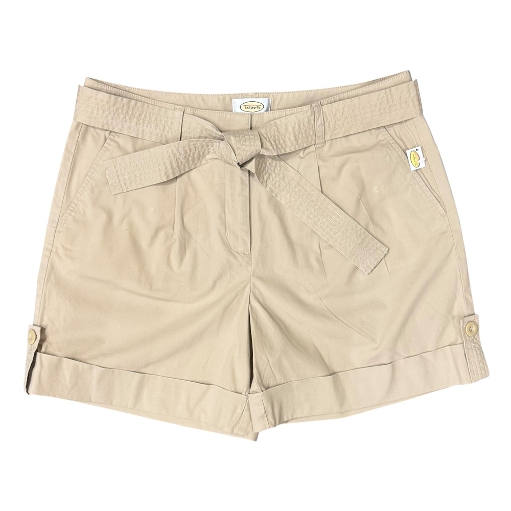 Talbots Women's Shorts Khaki Beige Belted Tie Waist Cuff Stretch Vacation SZ 12‎